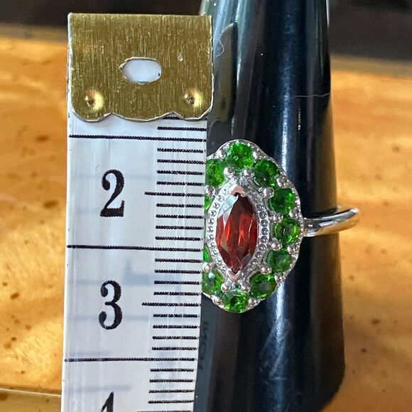 Natural Red Garnet Chrome Diopside Sterling Silver Halo Ring Size 10 - Picture 8 of 8
